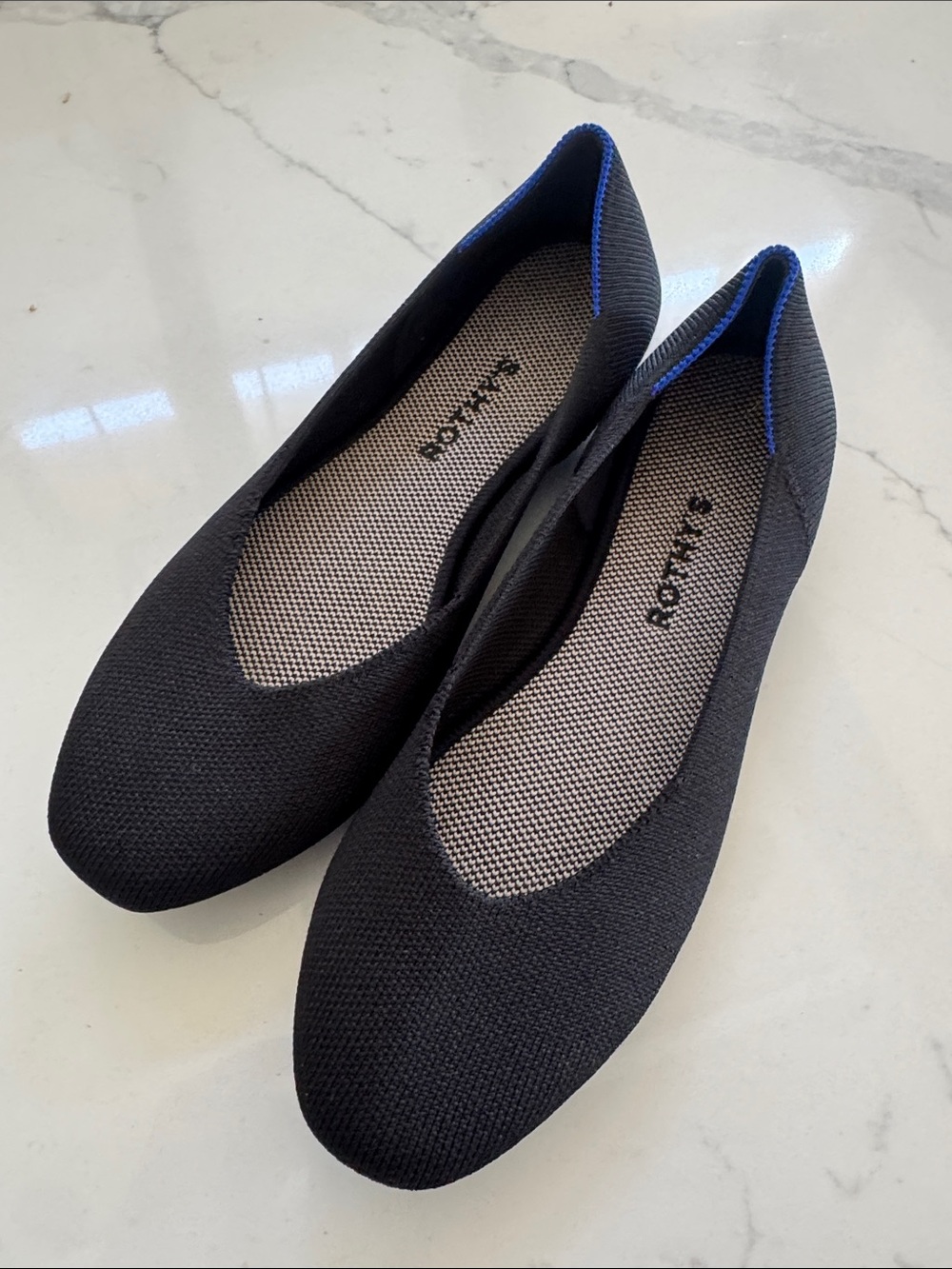 Rothy's Black Knit Ballet Flats with Blue Trim
